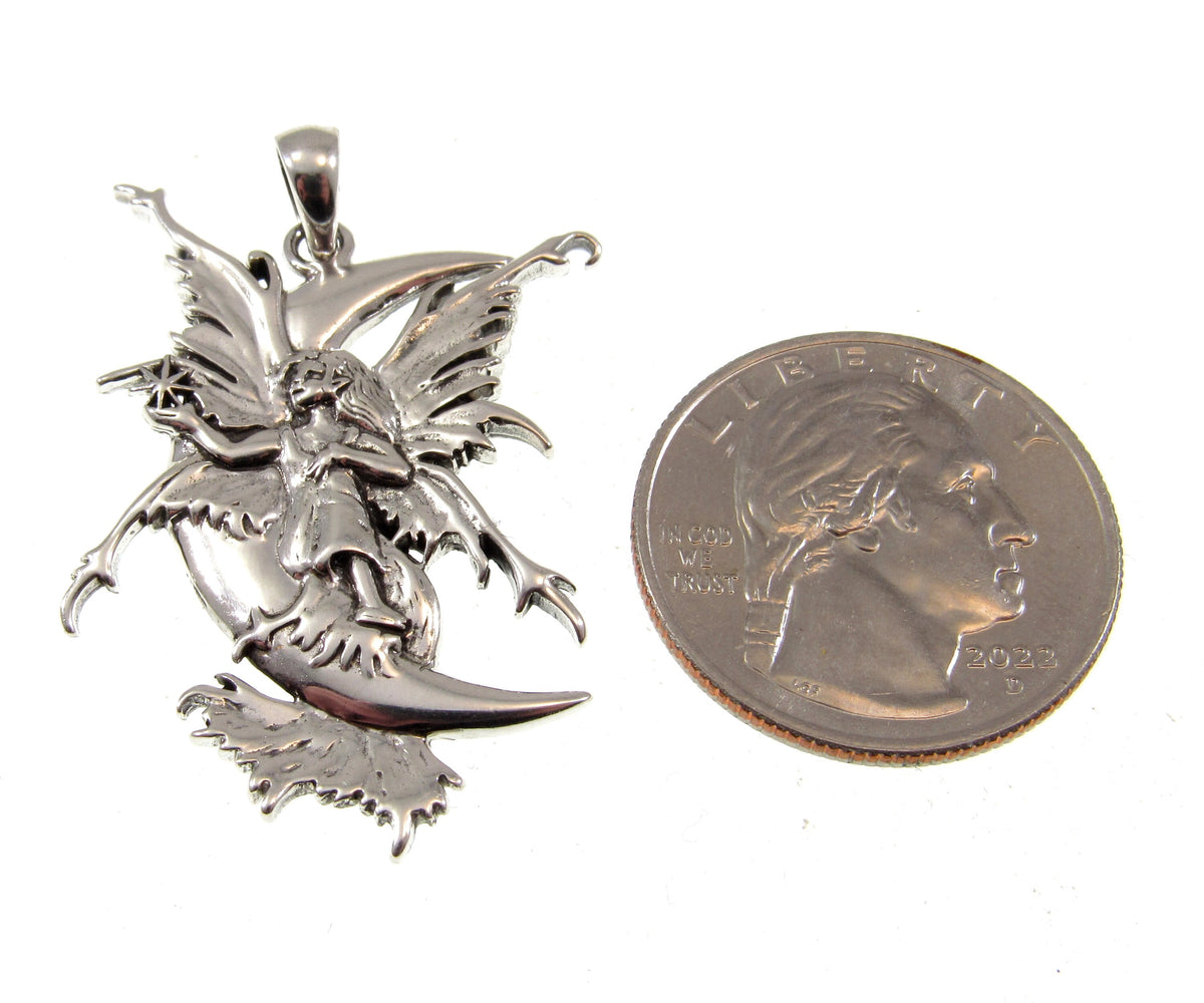 Solid 925 Sterling Silver Crescent Moon Fairy Pendant by Amy Brown, Gothic Art Jewelry