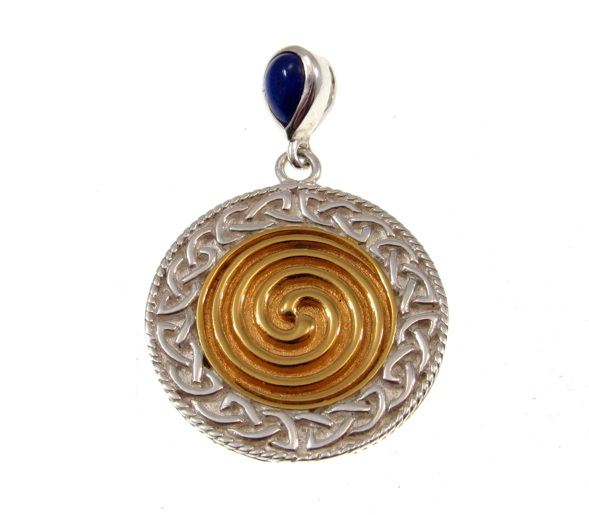Solid 925 Sterling Silver & 18K Gold Celtic Spiral Pendant with Lapis Lazuli