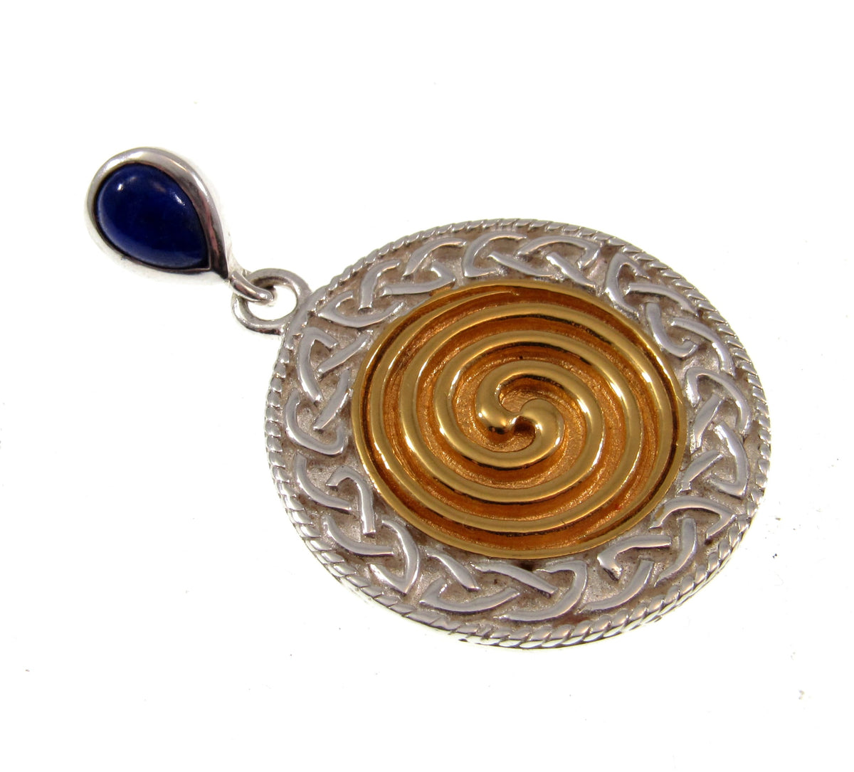 Solid 925 Sterling Silver & 18K Gold Celtic Spiral Pendant with Lapis Lazuli