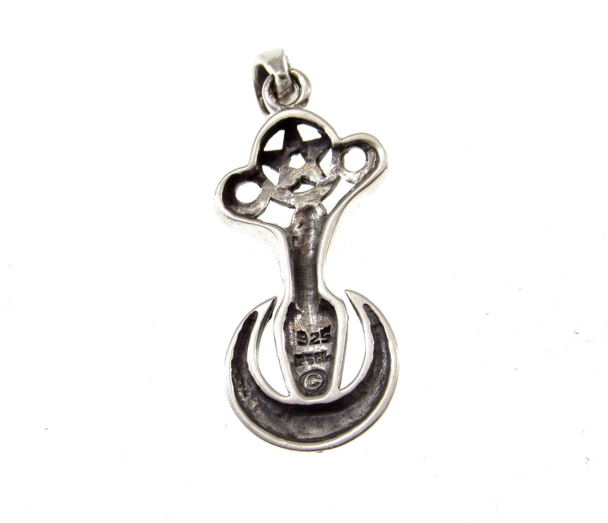 Solid 925 Silver Triple Moon Goddess Pendant, Wiccan Amulet, Pentagram Talisman, Pagan Jewelry
