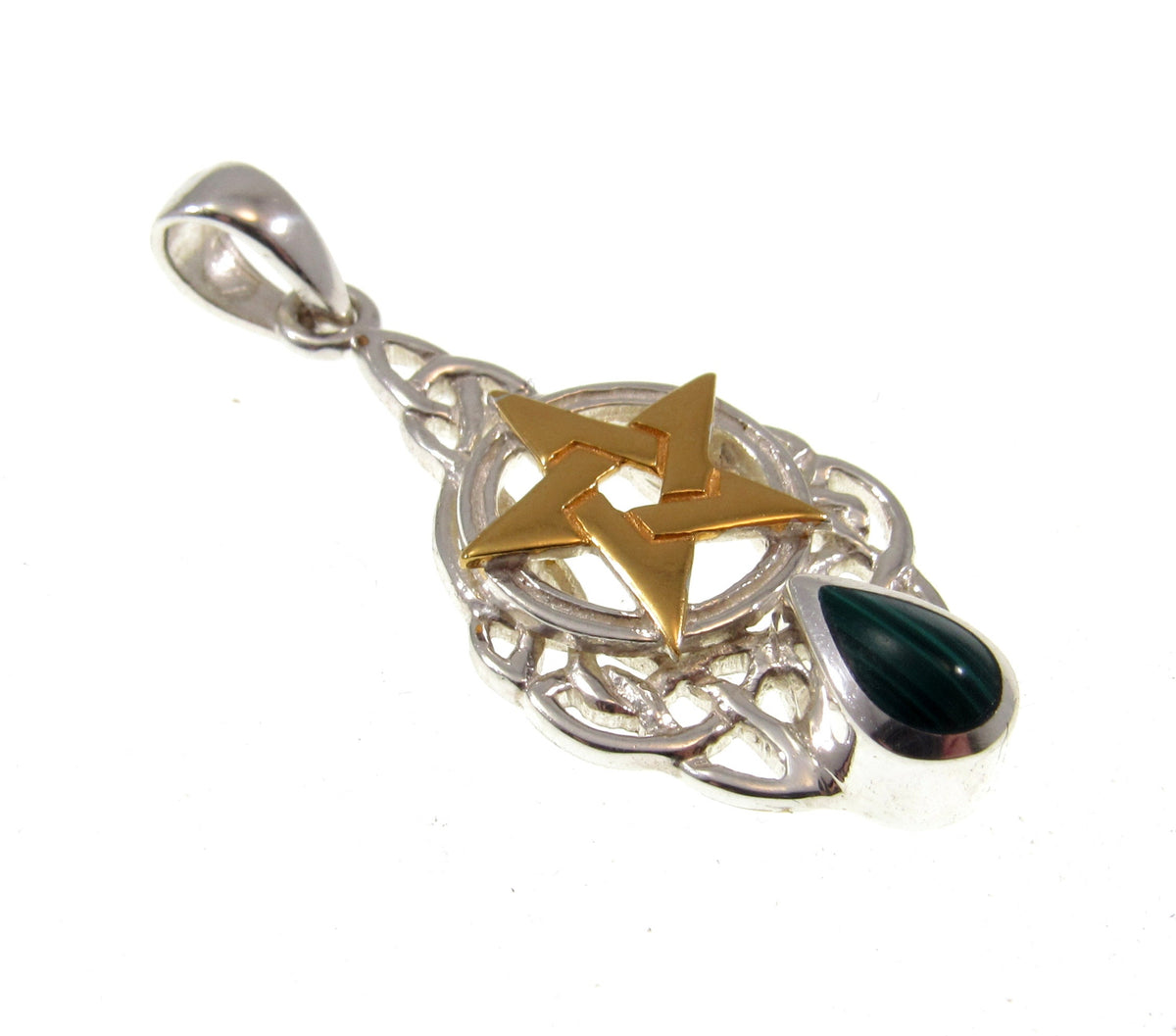 Solid 925 Sterling Silver Gold Vermeil Pentacle Pendant, Malachite Celtic Knot Talisman w/ Malachite