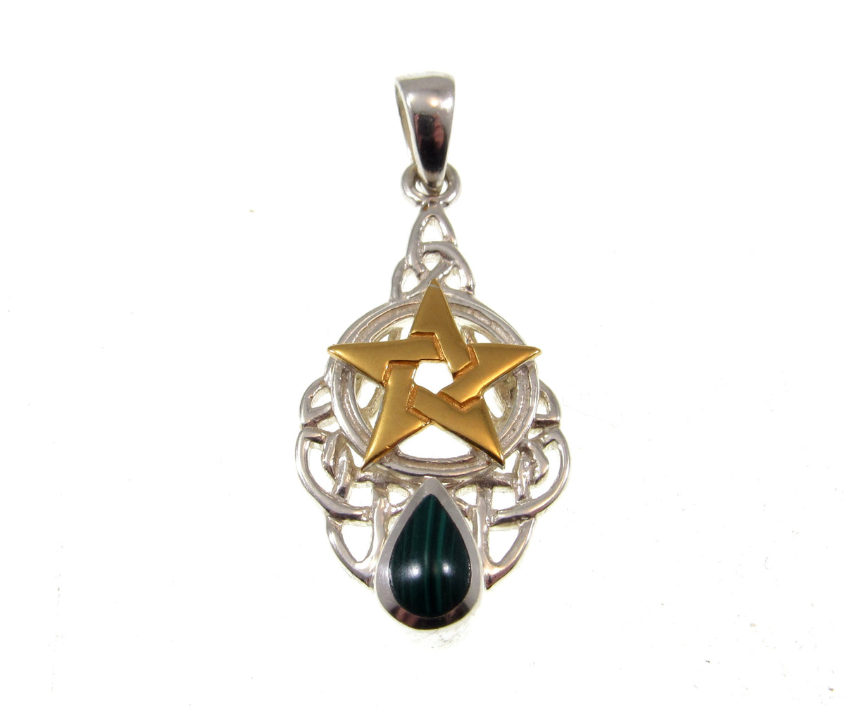 Solid 925 Sterling Silver Gold Vermeil Pentacle Pendant, Malachite Celtic Knot Talisman w/ Malachite