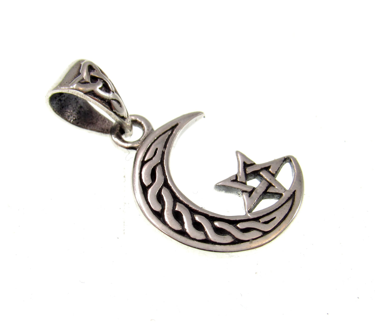 Solid 925 Sterling Silver Celtic Moon Pentacle Pendant – Crescent Moon Pagan Wiccan Talisman Charm