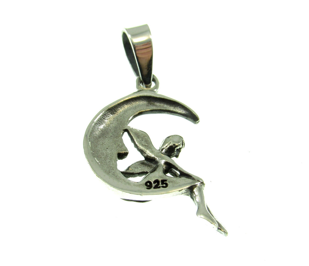 Solid 925 Sterling Silver Moon Fairy Pendant – Crescent Moon Faeire Charm, Celestial Fantasy Jewelry