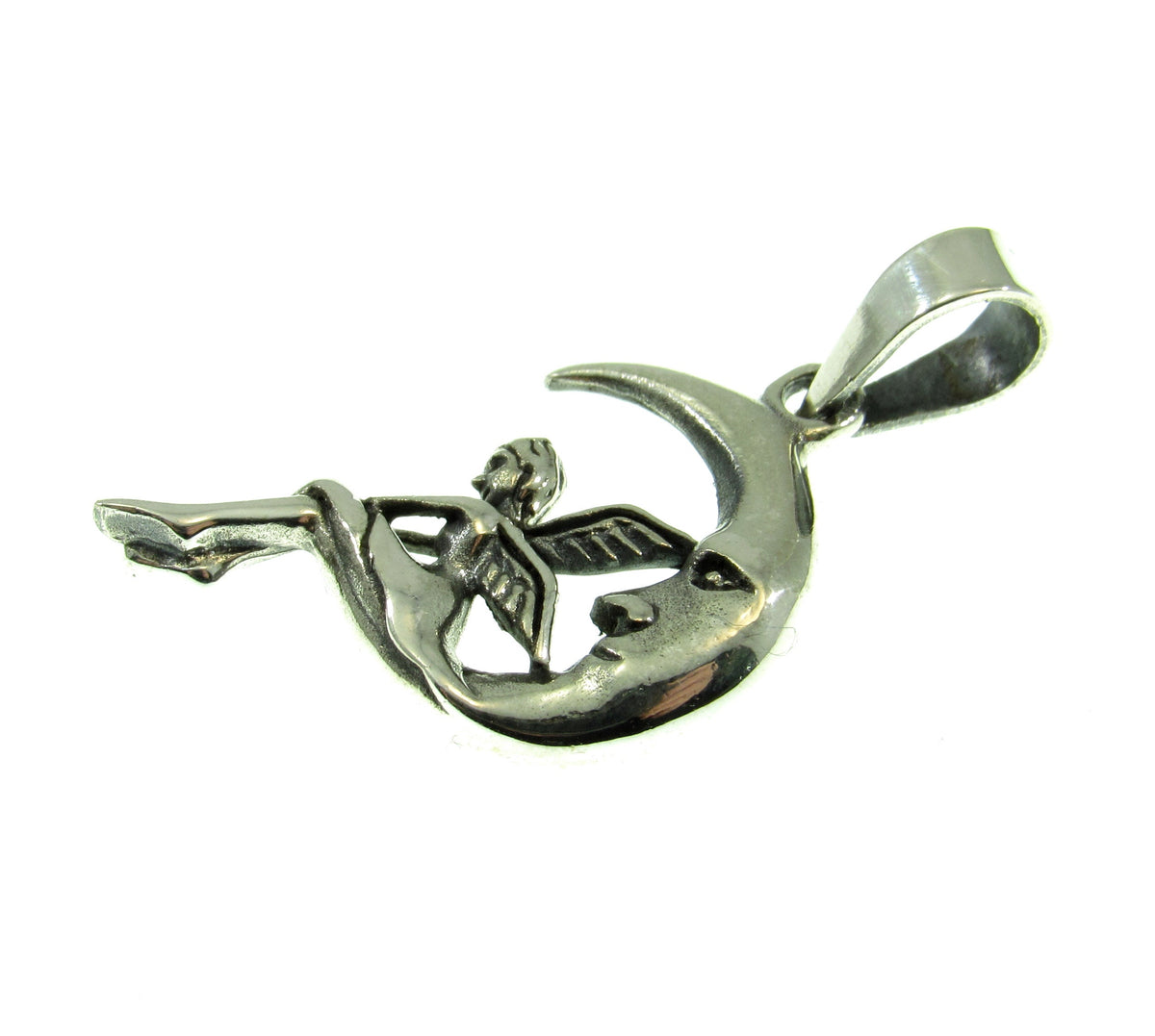 Solid 925 Sterling Silver Moon Fairy Pendant – Crescent Moon Faeire Charm, Celestial Fantasy Jewelry
