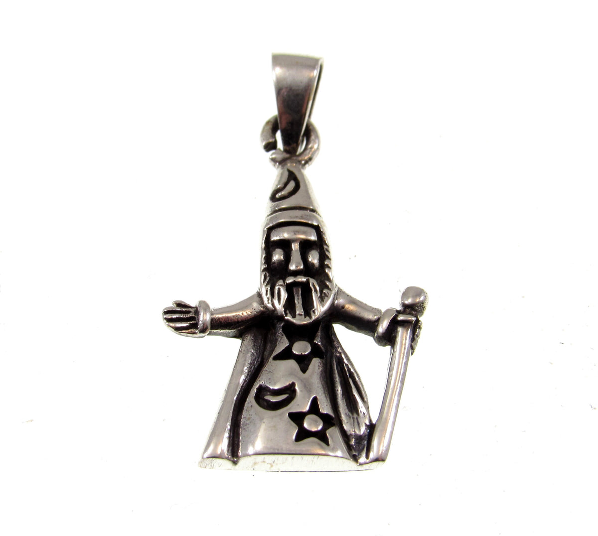Solid 925 Sterling Silver Wizard Pendant, Magic Staff Cloak, Moon Stars Warlock Charm Jewelry