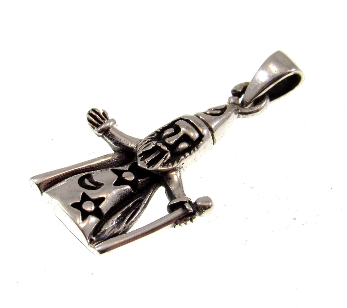Solid 925 Sterling Silver Wizard Pendant, Magic Staff Cloak, Moon Stars Warlock Charm Jewelry