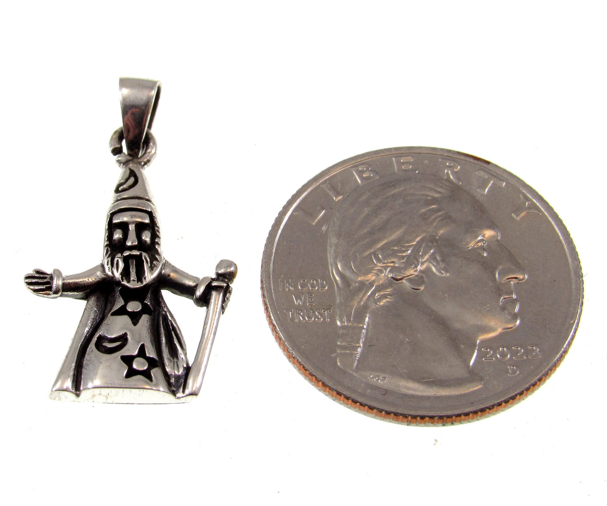 Solid 925 Sterling Silver Wizard Pendant, Magic Staff Cloak, Moon Stars Warlock Charm Jewelry