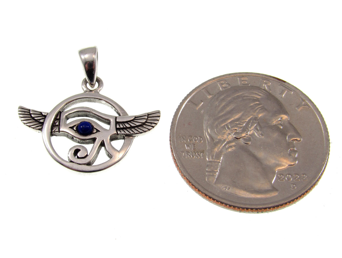 Solid 925 Sterling Silver Eye of Horus Pendant and Falcon Wings With Lapis Lazuli Gemstone