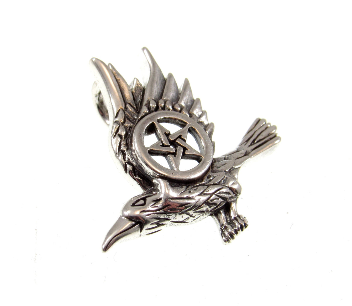 Solid 925 Sterling Silver Raven Pentacle Pendant, Small Pagan Amulet, Wiccan Bird Charm