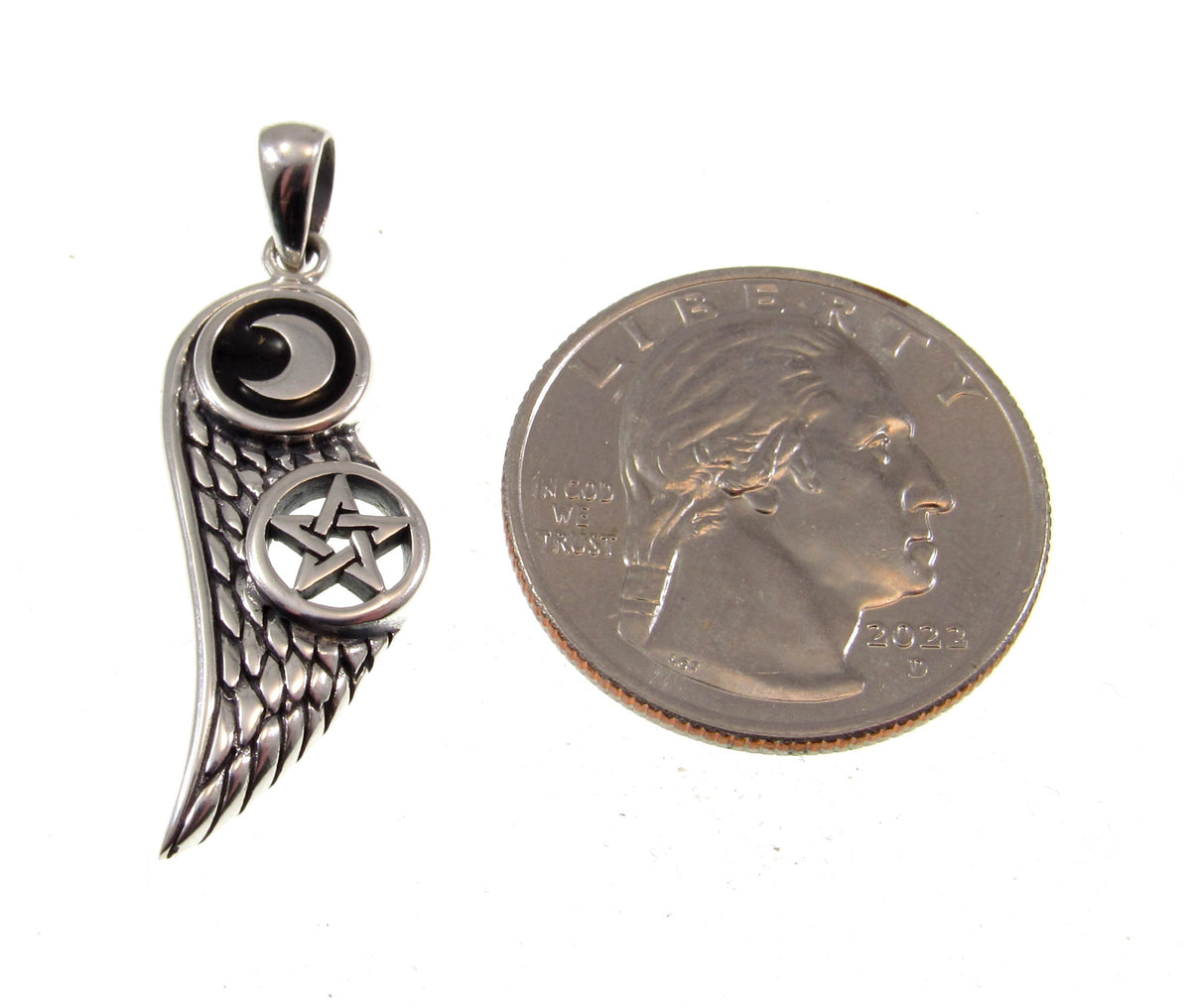 Solid 925 Sterling Silver Crescent Moon Pentacle Angel Wing Pendant w/ Enamel, Gothic Talisman