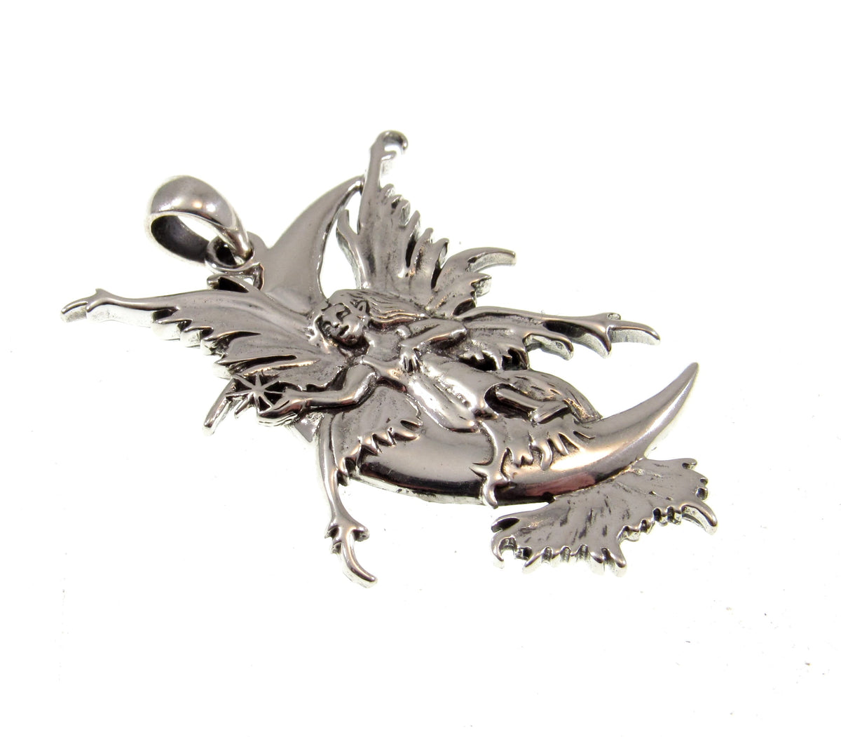Solid 925 Sterling Silver Crescent Moon Fairy Pendant by Amy Brown, Gothic Art Jewelry