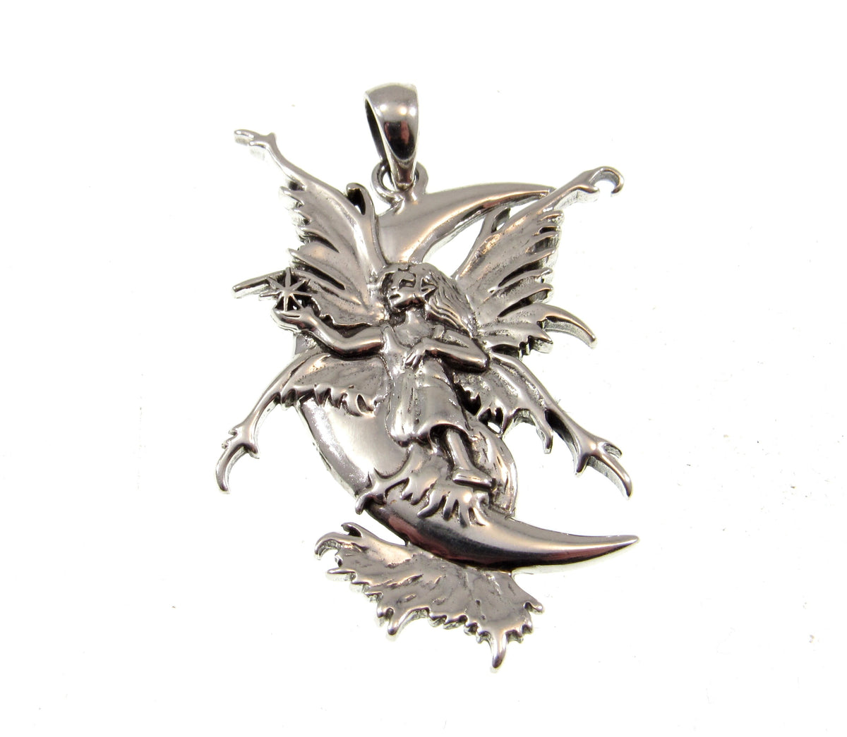 Solid 925 Sterling Silver Crescent Moon Fairy Pendant by Amy Brown, Gothic Art Jewelry