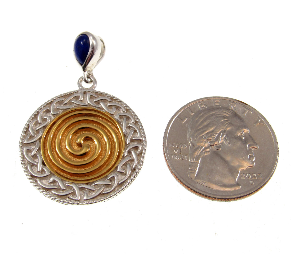 Solid 925 Sterling Silver & 18K Gold Celtic Spiral Pendant with Lapis Lazuli