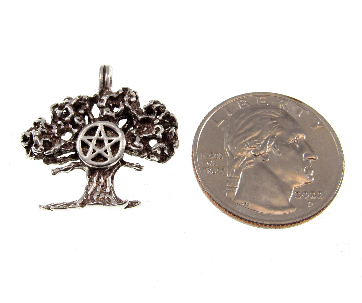 Solid 925 Sterling Silver Tree of Life Pentacle Pendant – Sacred Oak Pentagram Pagan Amulet