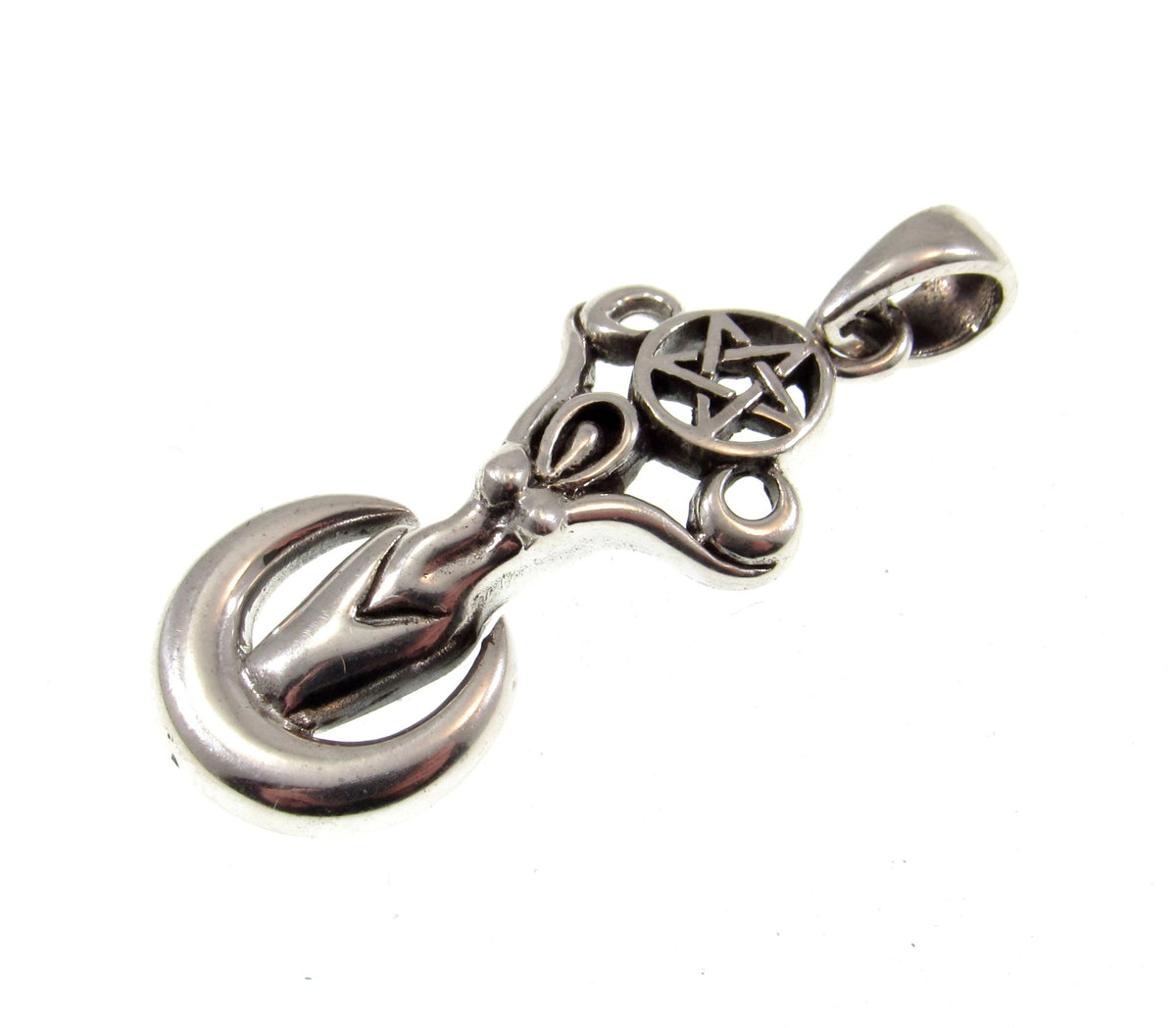 Solid 925 Silver Triple Moon Goddess Pendant, Wiccan Amulet, Pentagram Talisman, Pagan Jewelry