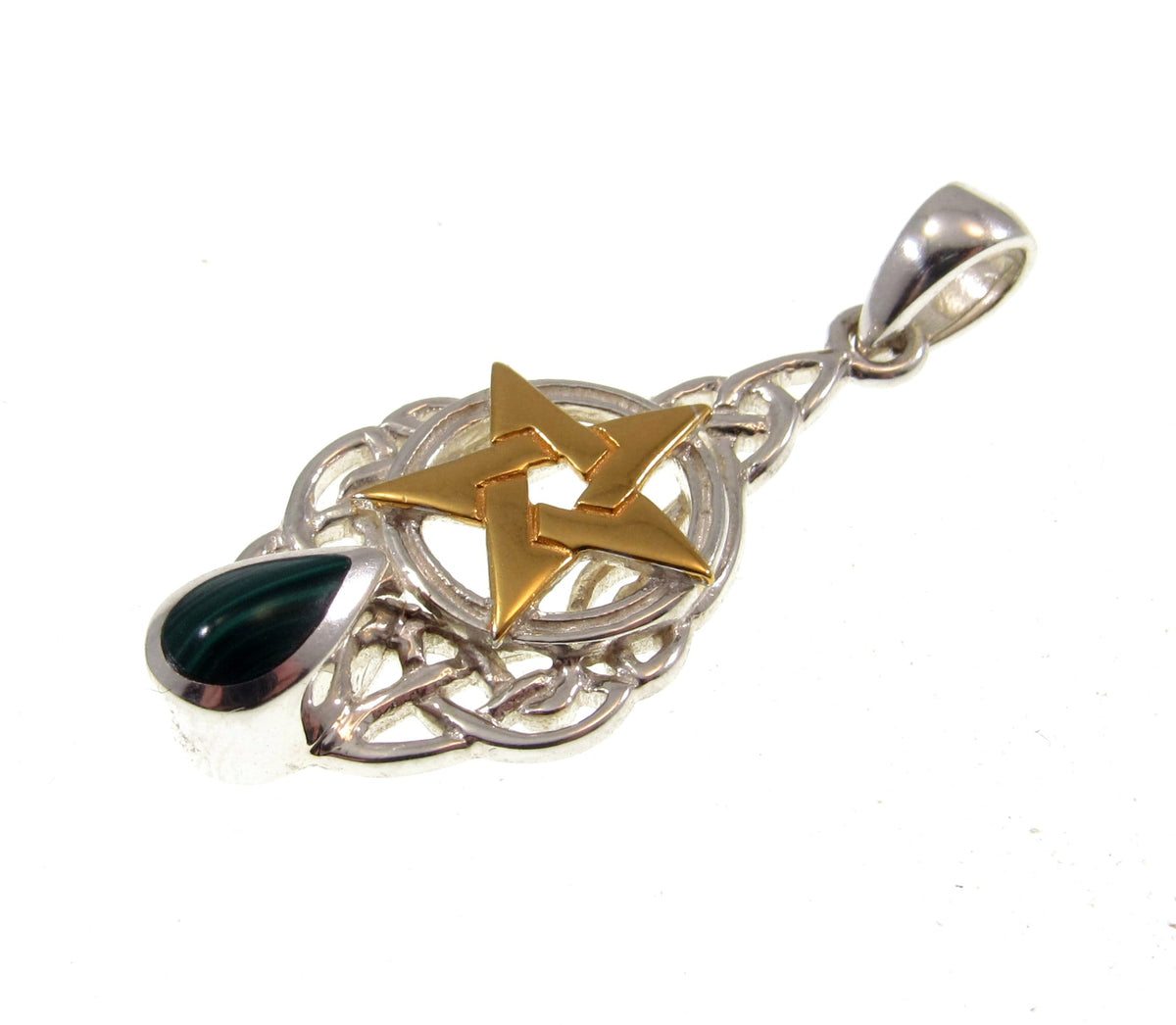 Solid 925 Sterling Silver Gold Vermeil Pentacle Pendant, Malachite Celtic Knot Talisman w/ Malachite