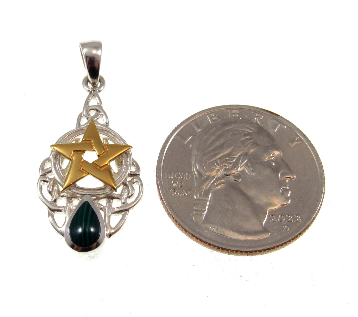 Solid 925 Sterling Silver Gold Vermeil Pentacle Pendant, Malachite Celtic Knot Talisman w/ Malachite