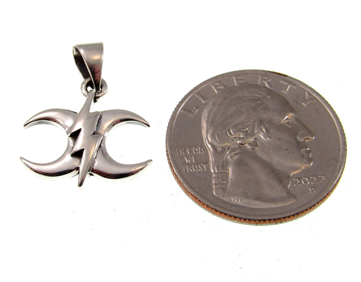 Solid 925 Sterling Silver Triple Moon Lightning Bolt Pendant – Wiccan Triple Goddess Amulet