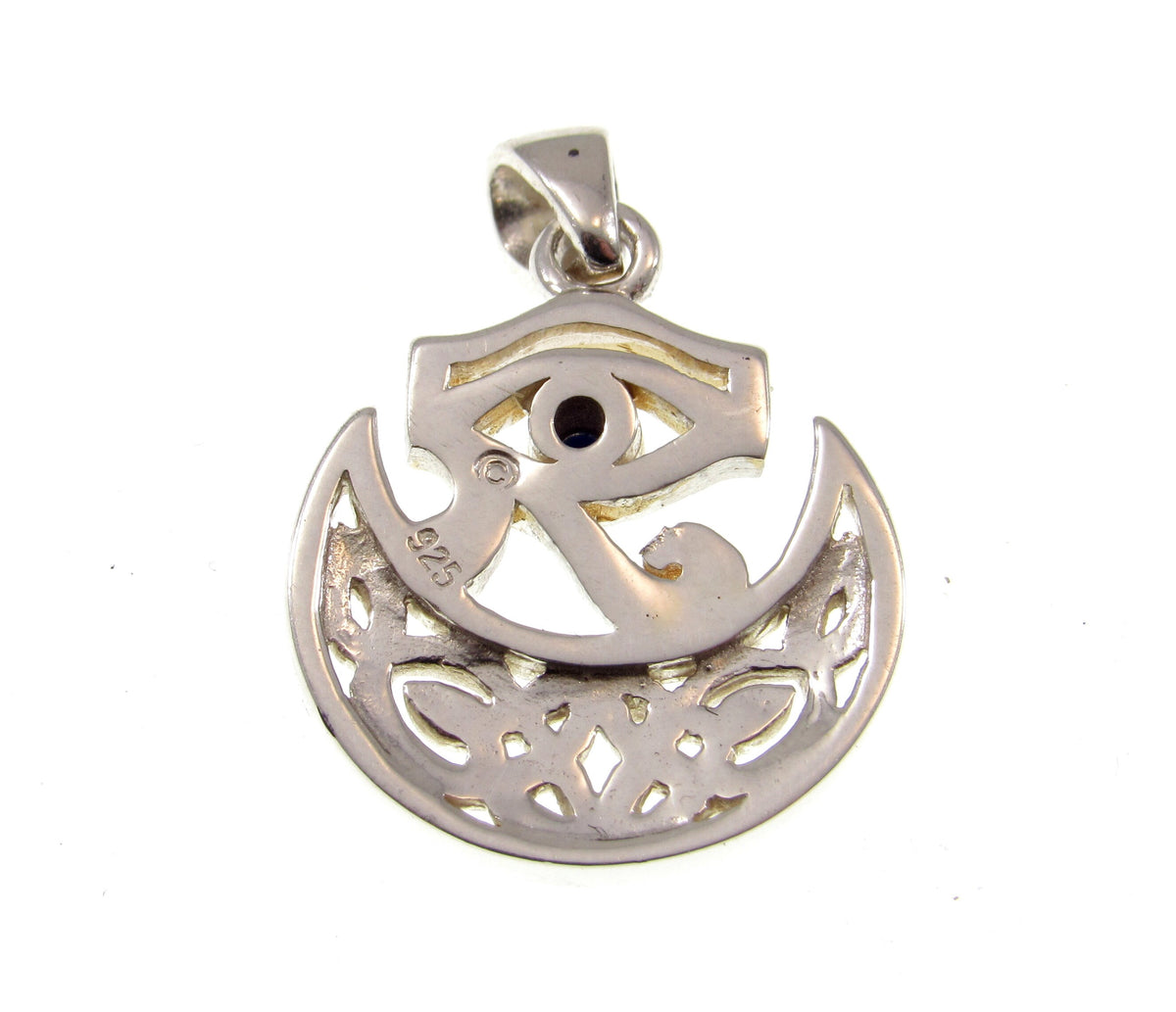 Solid 925 Sterling Silver Eye of Horus Pendant, Crescent Half Moon Charm, Celtic Knots and Lapis Lazuli Gem, Handcrafted Egyptian Jewelry