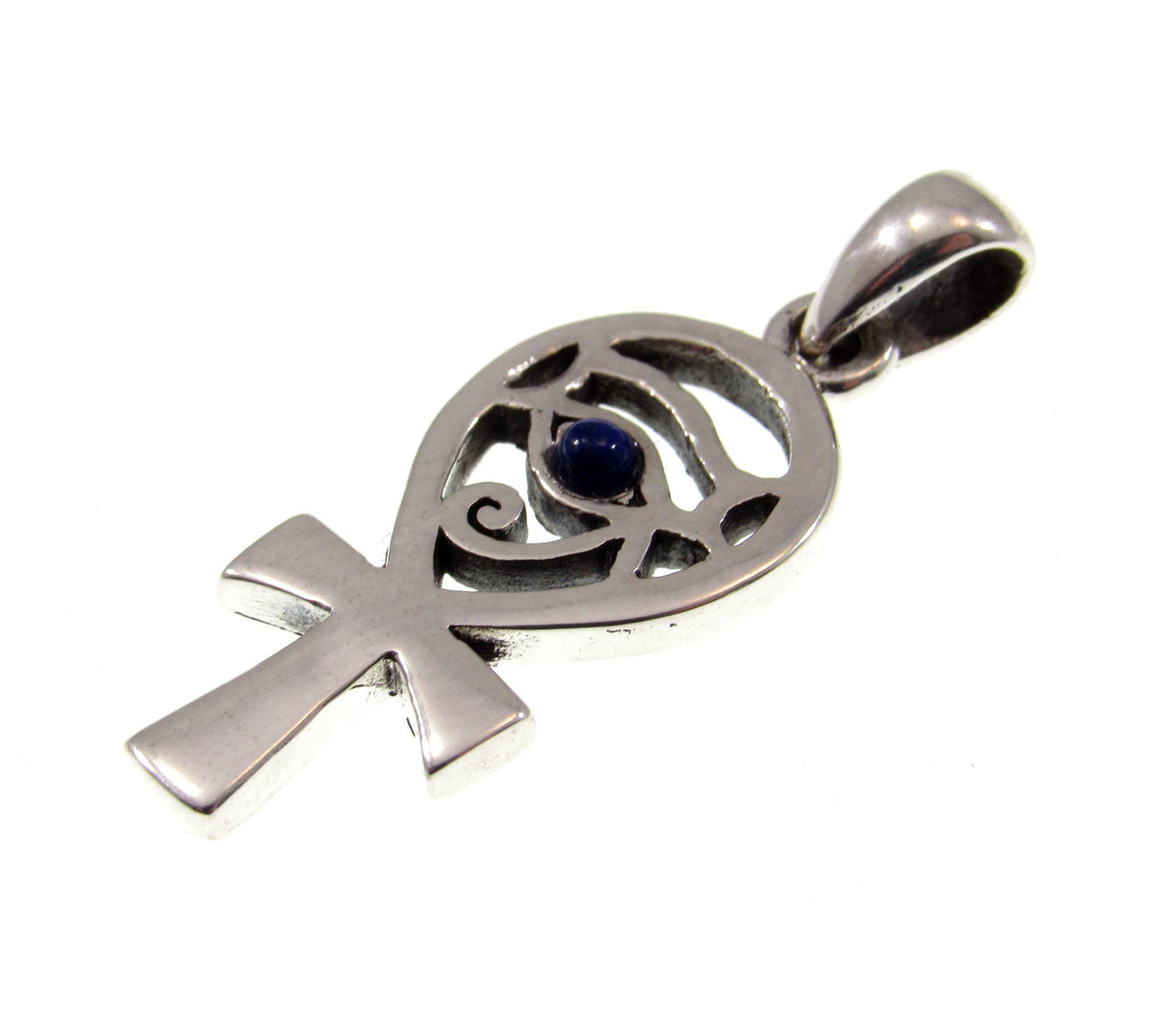 Solid 925 Sterling Silver Eye of Horus Egyptian Ankh Cross Pendant with Lapis Lazuli Gemstone