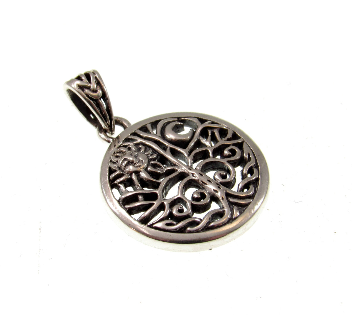 Solid 925 Sterling Silver Sun and Crescent Moon Tree of Life Charm, Handcrafted Magical Pagan Wiccan Pendant