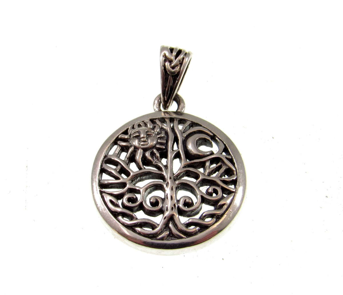 Solid 925 Sterling Silver Sun and Crescent Moon Tree of Life Charm, Handcrafted Magical Pagan Wiccan Pendant