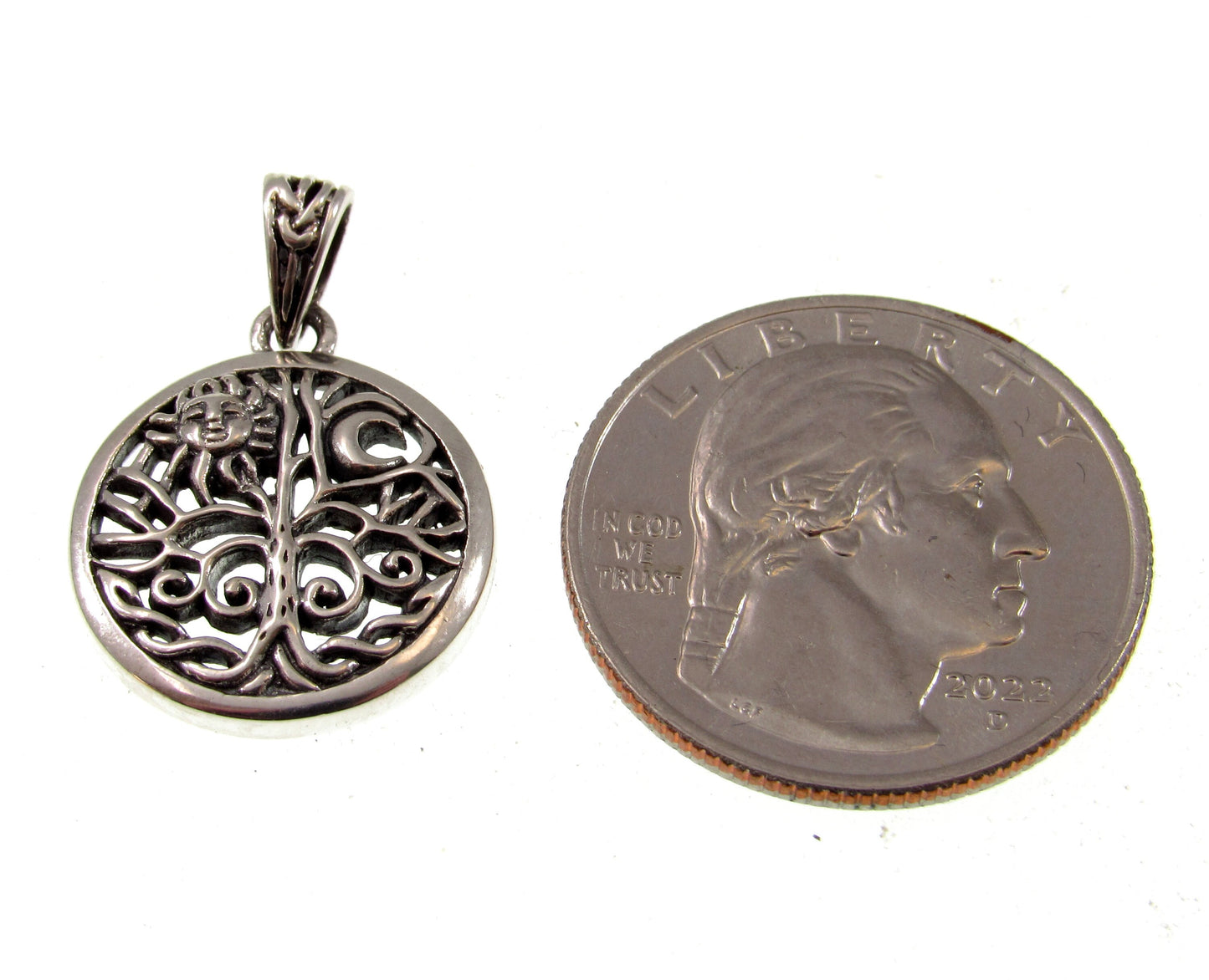 Solid 925 Sterling Silver Sun and Crescent Moon Tree of Life Charm, Handcrafted Magical Pagan Wiccan Pendant
