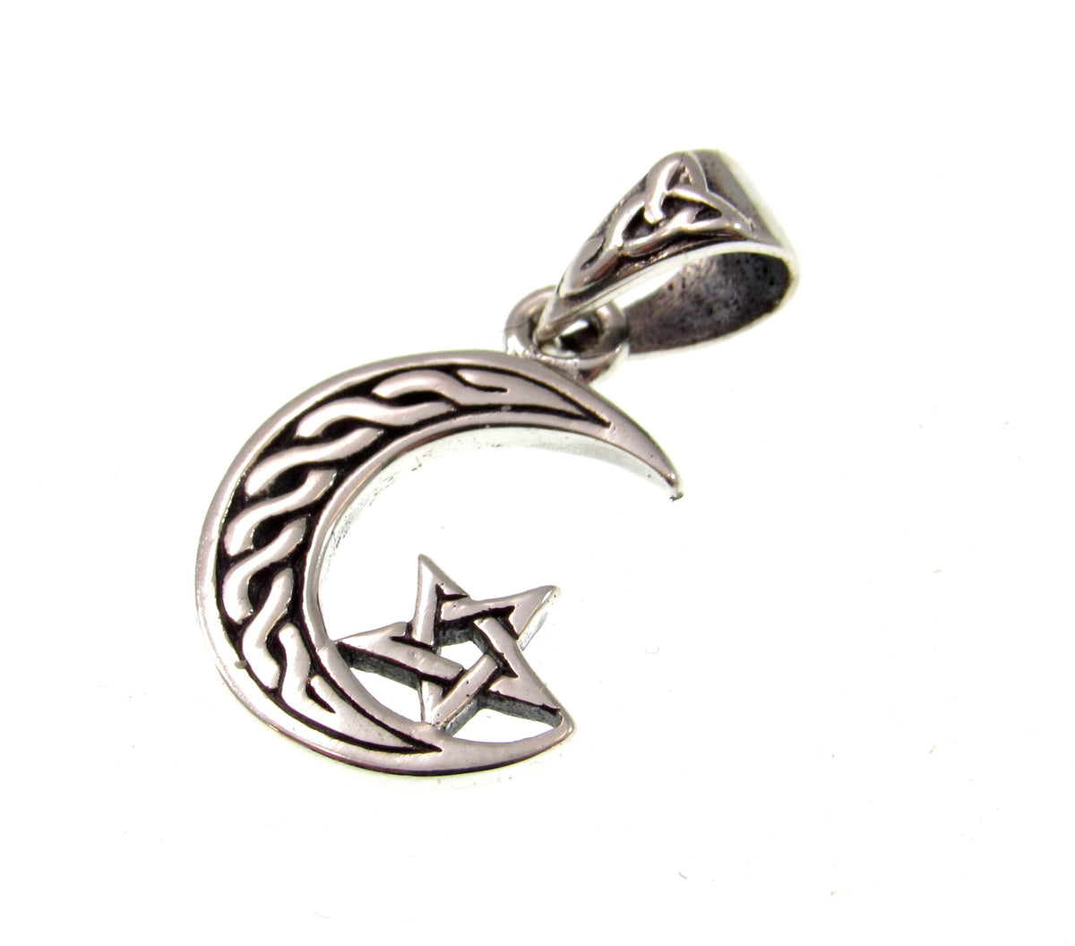 Solid 925 Sterling Silver Celtic Moon Pentacle Pendant – Crescent Moon Pagan Wiccan Talisman Charm