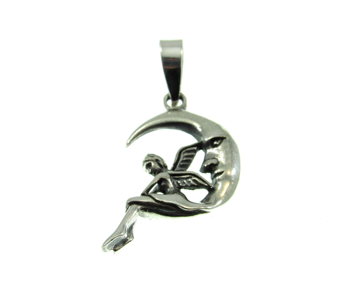 Solid 925 Sterling Silver Moon Fairy Pendant – Crescent Moon Faeire Charm, Celestial Fantasy Jewelry