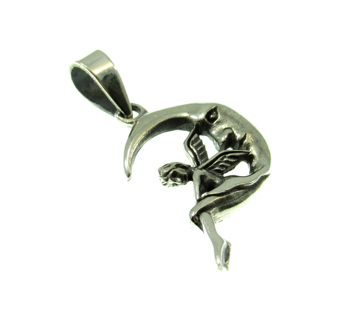 Solid 925 Sterling Silver Moon Fairy Pendant – Crescent Moon Faeire Charm, Celestial Fantasy Jewelry