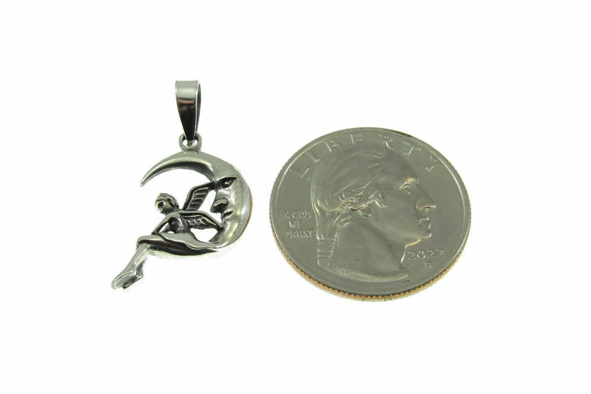 Solid 925 Sterling Silver Moon Fairy Pendant – Crescent Moon Faeire Charm, Celestial Fantasy Jewelry