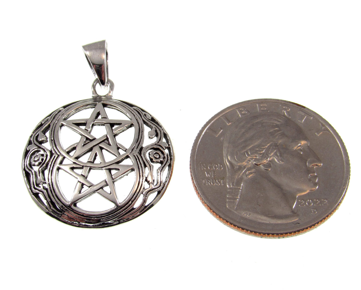 Solid 925 Sterling Silver Double Pentacle Pendant, Wiccan Protection Pentagram, Dual Star Talisman