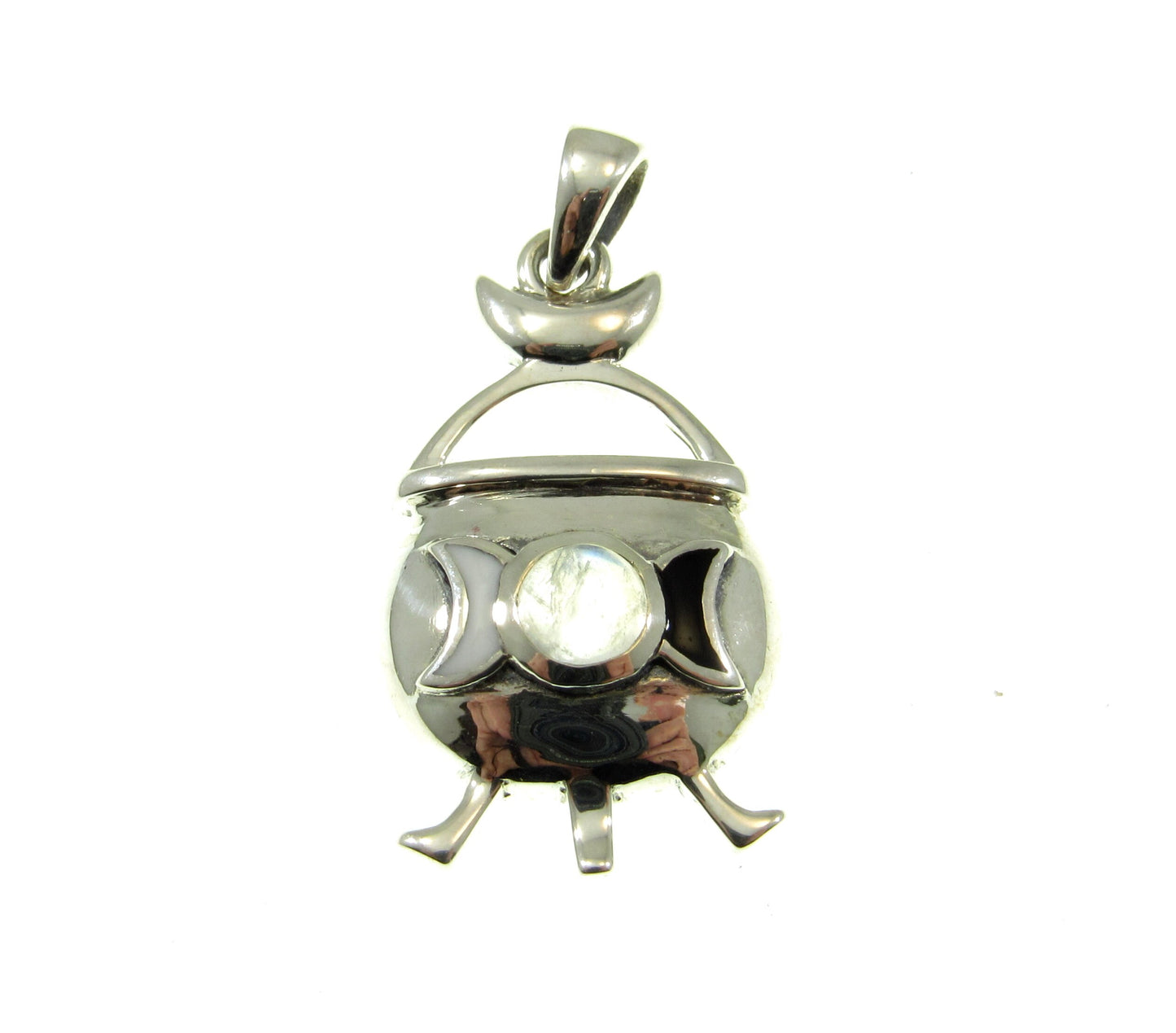 Solid 925 Sterling Silver Witch Cauldron Triple Moon Pendant, Choose Amethyst, Garnet, Moonstone, Topaz