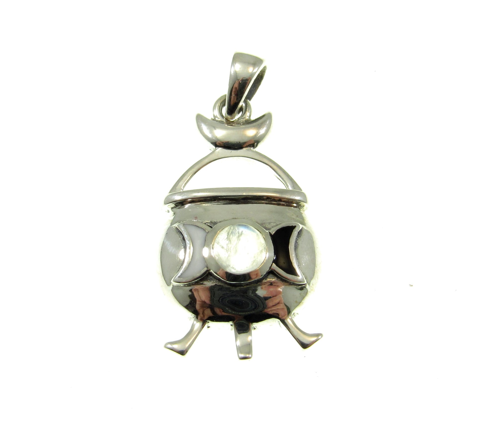 Solid 925 Sterling Silver Witch Cauldron Triple Moon Pendant, Choose Amethyst, Garnet, Moonstone, Topaz
