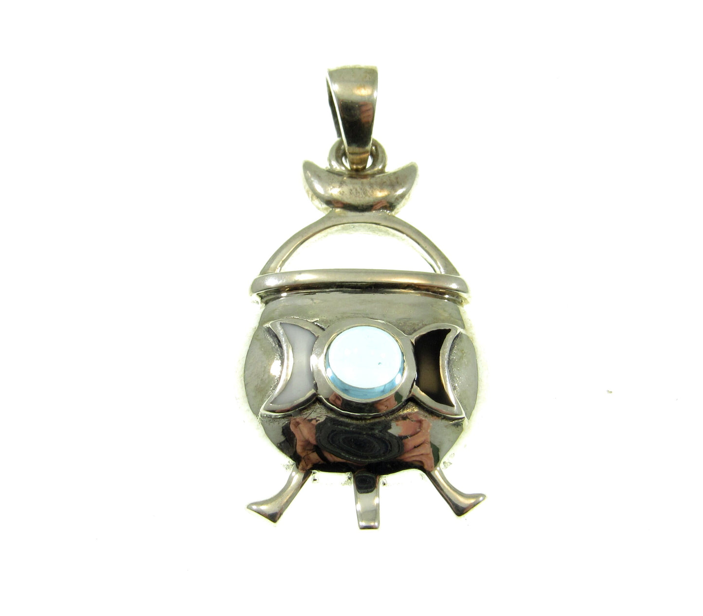 Solid 925 Sterling Silver Witch Cauldron Triple Moon Pendant, Choose Amethyst, Garnet, Moonstone, Topaz