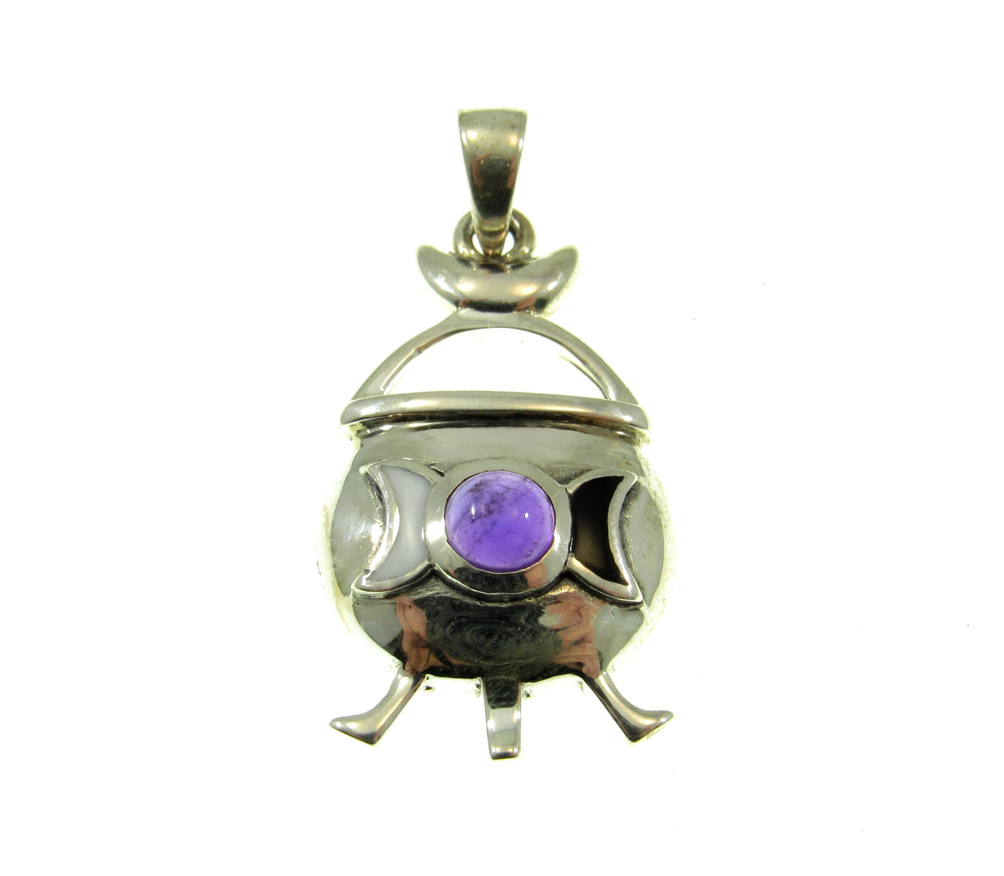 Solid 925 Sterling Silver Witch Cauldron Triple Moon Pendant, Choose Amethyst, Garnet, Moonstone, Topaz
