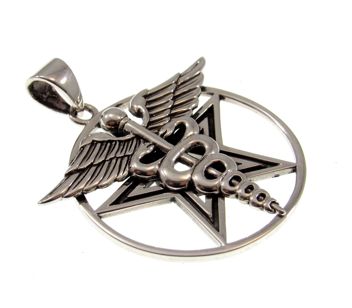 Solid 925 Sterling Silver Caduceus Pentacle Pendant, Medical Symbol Pagan Wiccan Healing Amulet Jewelry