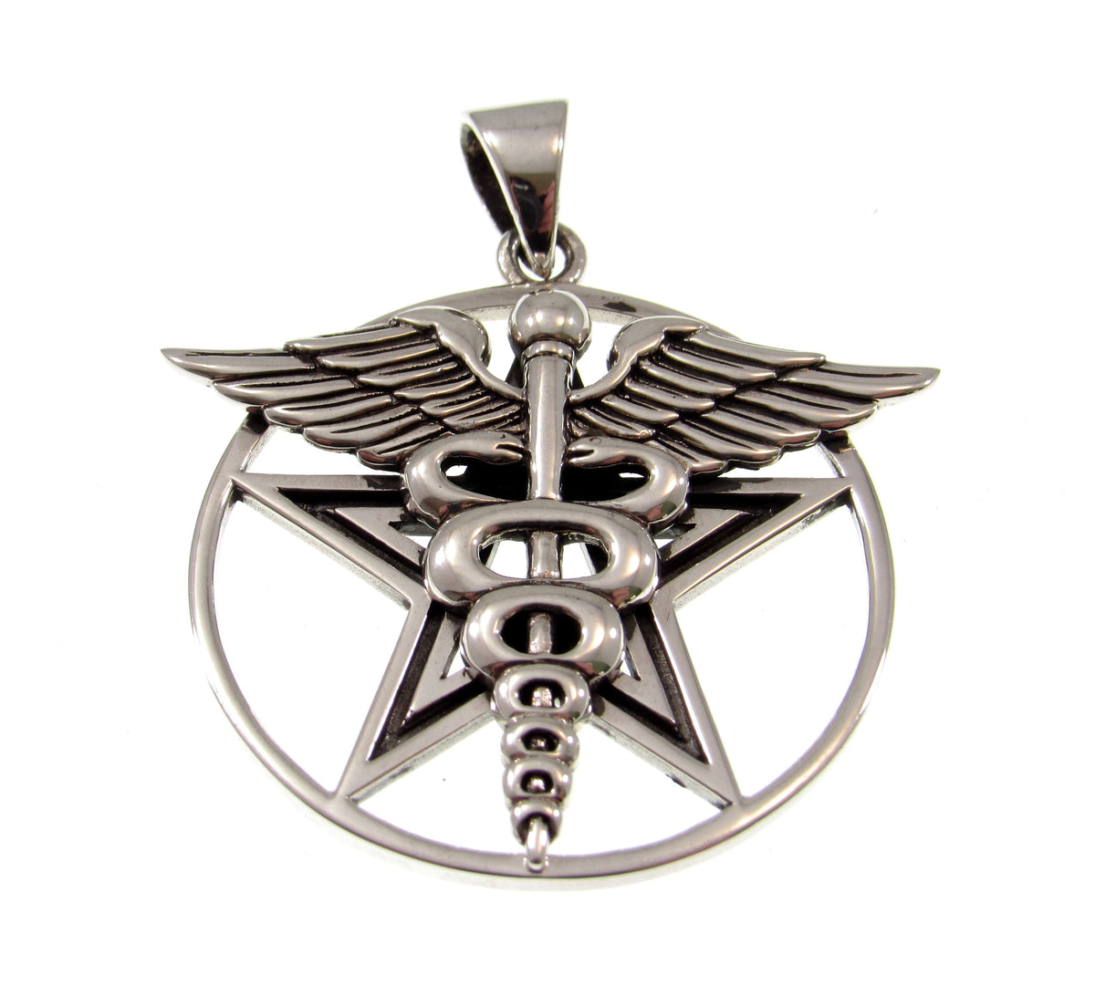 Solid 925 Sterling Silver Caduceus Pentacle Pendant, Medical Symbol Pagan Wiccan Healing Amulet Jewelry