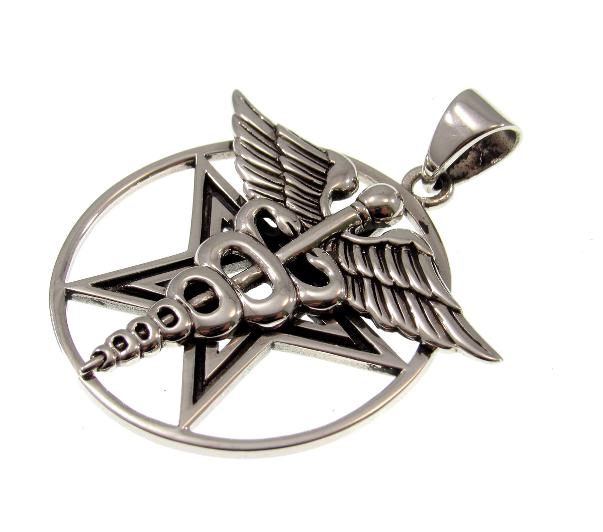 Solid 925 Sterling Silver Caduceus Pentacle Pendant, Medical Symbol Pagan Wiccan Healing Amulet Jewelry