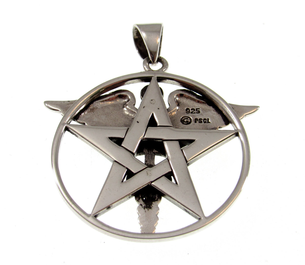 Solid 925 Sterling Silver Caduceus Pentacle Pendant, Medical Symbol Pagan Wiccan Healing Amulet Jewelry
