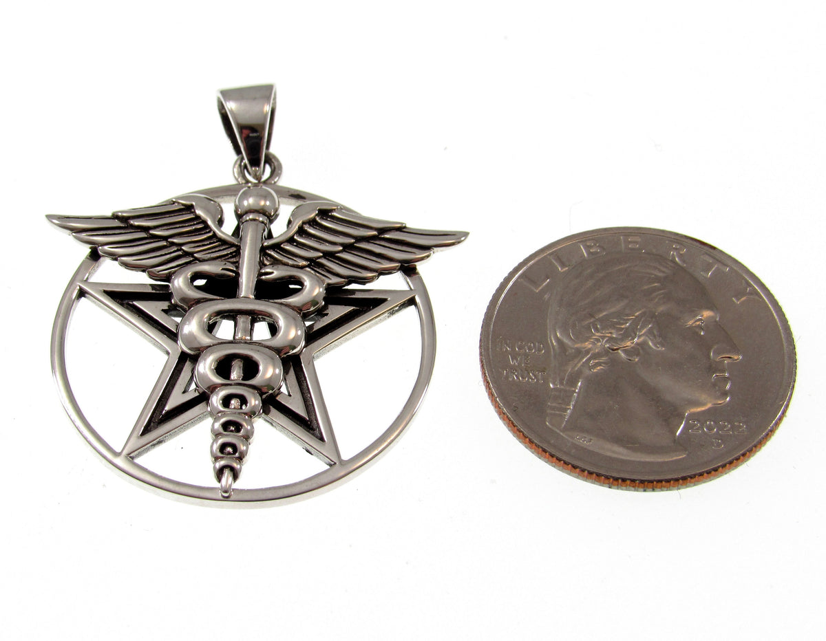 Solid 925 Sterling Silver Caduceus Pentacle Pendant, Medical Symbol Pagan Wiccan Healing Amulet Jewelry