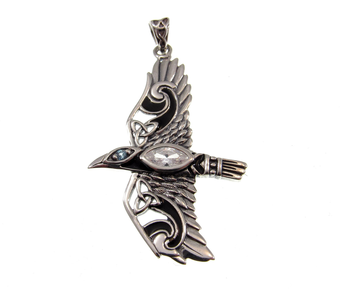 Solid 925 Sterling Silver Raven Pendant in Flight, Celtic Knot Bird with Faceted Gemstone – Amethyst Garnet Moonstone or Topaz