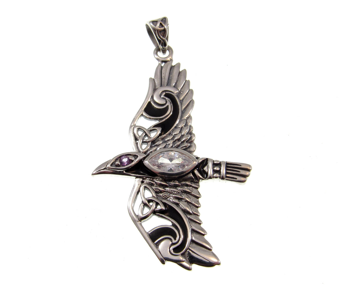Solid 925 Sterling Silver Raven Pendant in Flight, Celtic Knot Bird with Faceted Gemstone – Amethyst Garnet Moonstone or Topaz
