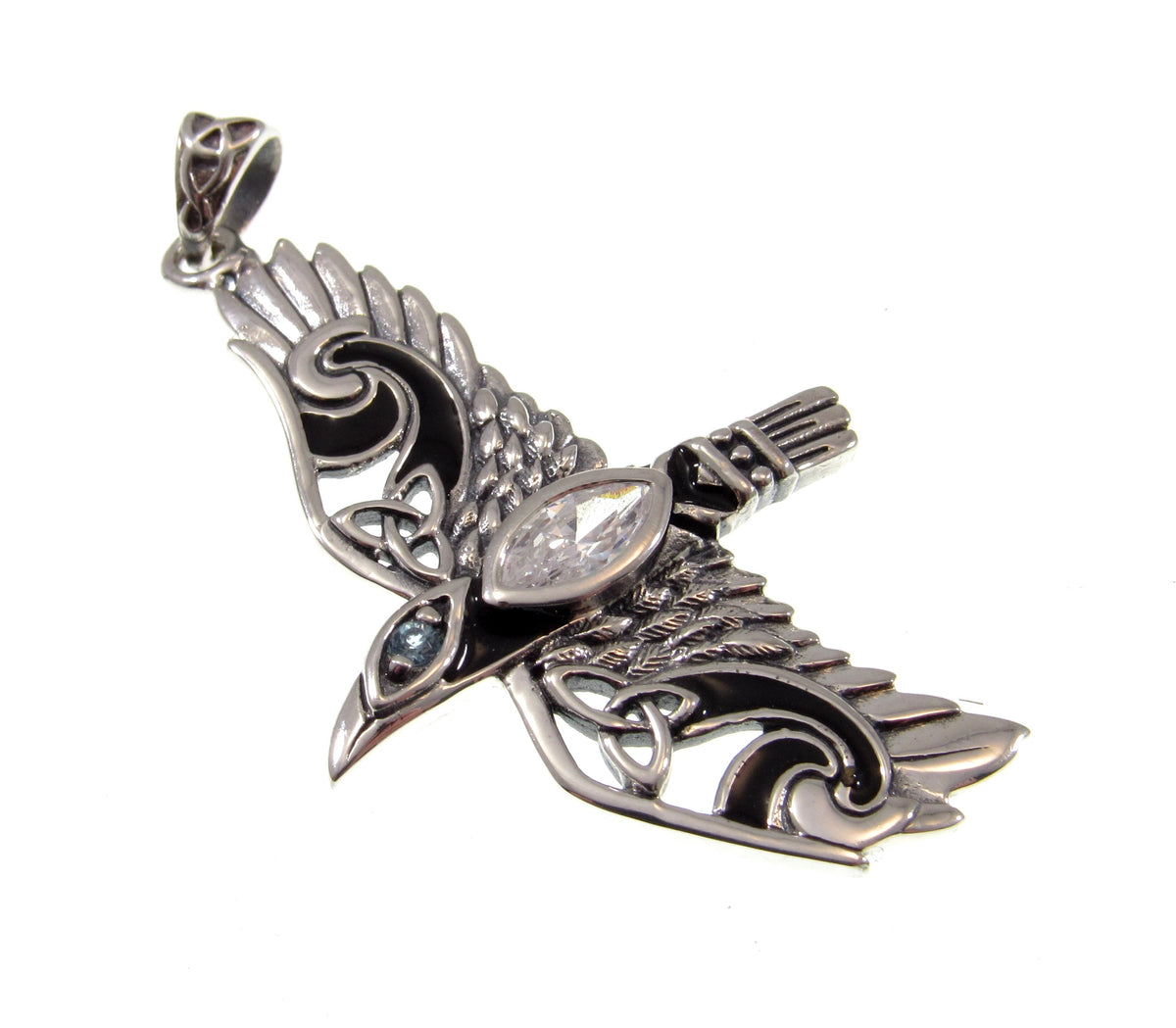 Solid 925 Sterling Silver Raven Pendant in Flight, Celtic Knot Bird with Faceted Gemstone – Amethyst Garnet Moonstone or Topaz