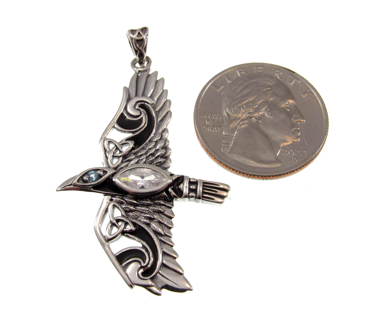 Solid 925 Sterling Silver Raven Pendant in Flight, Celtic Knot Bird with Faceted Gemstone – Amethyst Garnet Moonstone or Topaz