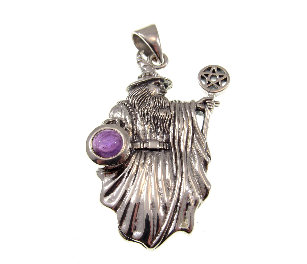 Solid 925 Sterling Silver Wizard Pentagram Pendant – Wiccan Amulet – Choose Amethyst, Garnet, Moonstone, Sapphire