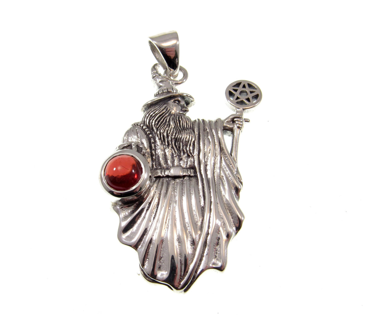 Solid 925 Sterling Silver Wizard Pentagram Pendant – Wiccan Amulet – Choose Amethyst, Garnet, Moonstone, Sapphire
