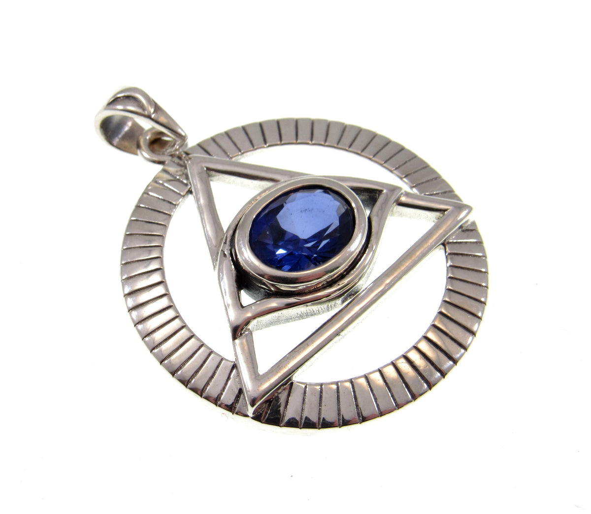 Solid 925 Sterling Silver Eye of the Egyptian Pyramid Illuminati Pendant, Choose Gemstone: Amethyst Garnet Sapphire or Bue Topaz
