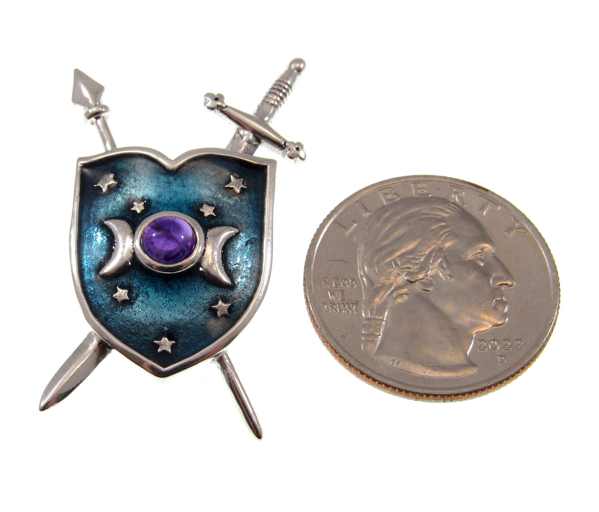 Solid 925 Sterling Silver Triple Moon Shield & Swords Pendant, Amethyst or Rainbow Moonstone